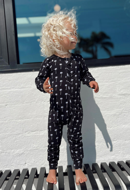 Double Zipper - Black Palm Tree Romper